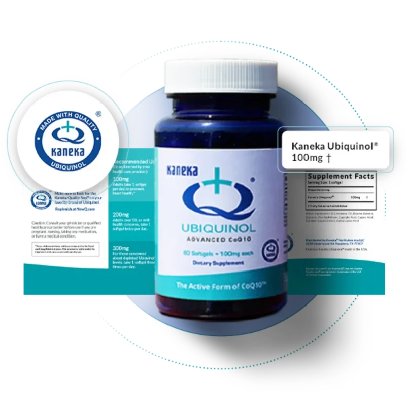 Kaneka Ubiquinol supplement bottle with blue label next to product packaging box on white surface