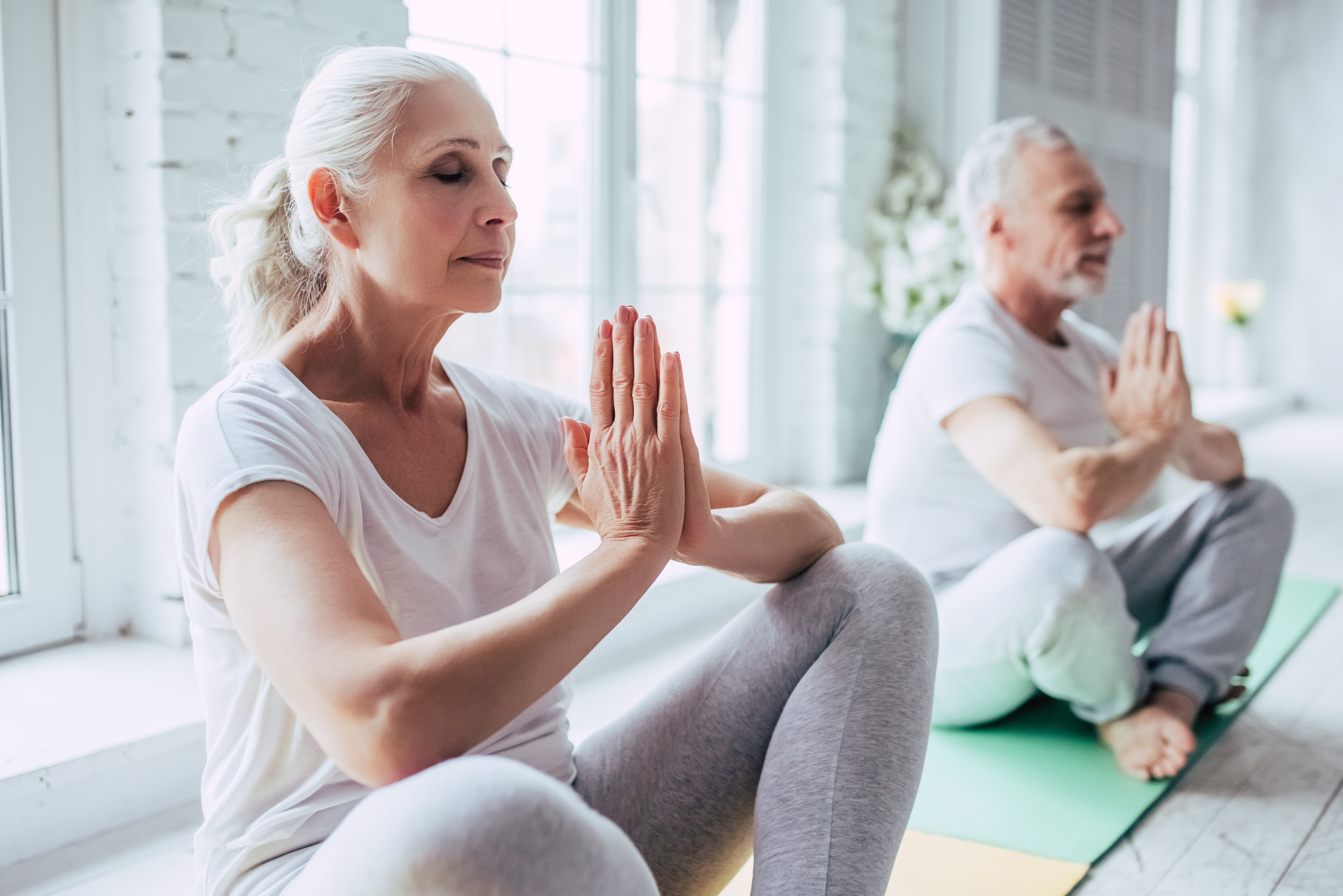 Senior Couple In Seated Prayer Yoga Pose