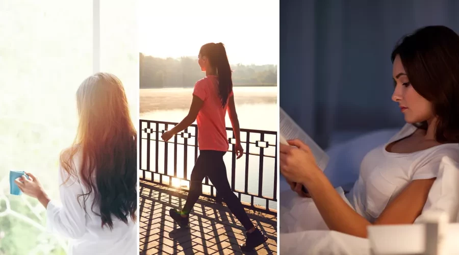 Woman looking out window coffee cup, woman walking outside near lake, woman in bed reading