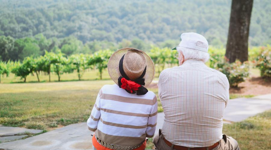 Senior couple sitting together outside looking out over vineyard with mountains behind
