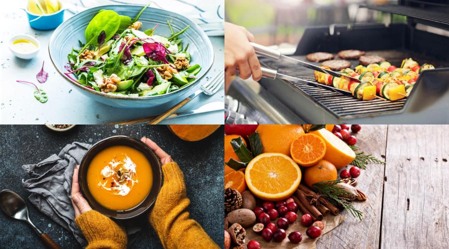 photo collage, bowl of salad, grill with veggies, bowl of soup, assorted fruits