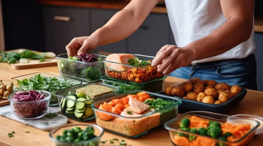 person in kitchen making prepared meals with salmon, vegetables, potatoes, etc.