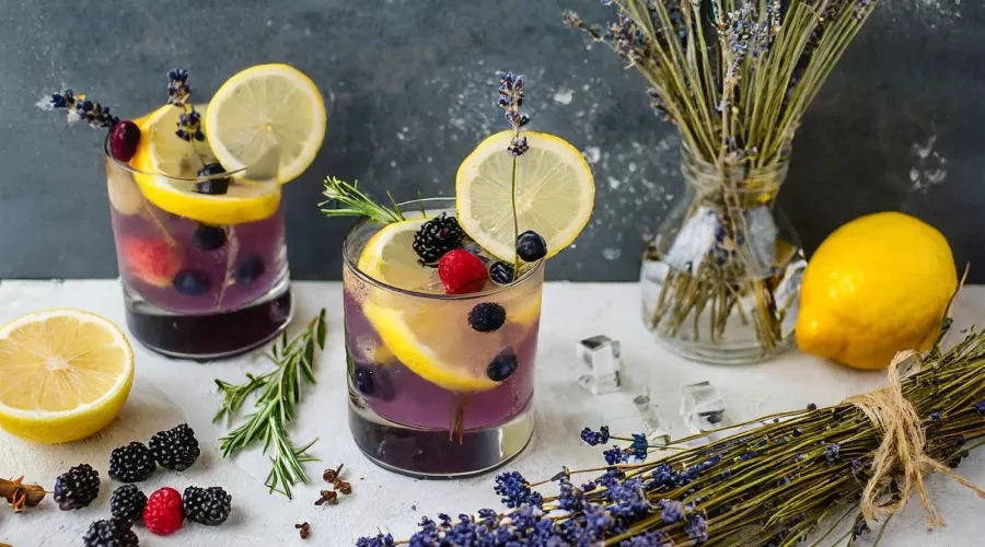 berry bliss mocktail on table with lemons, berries and lavender