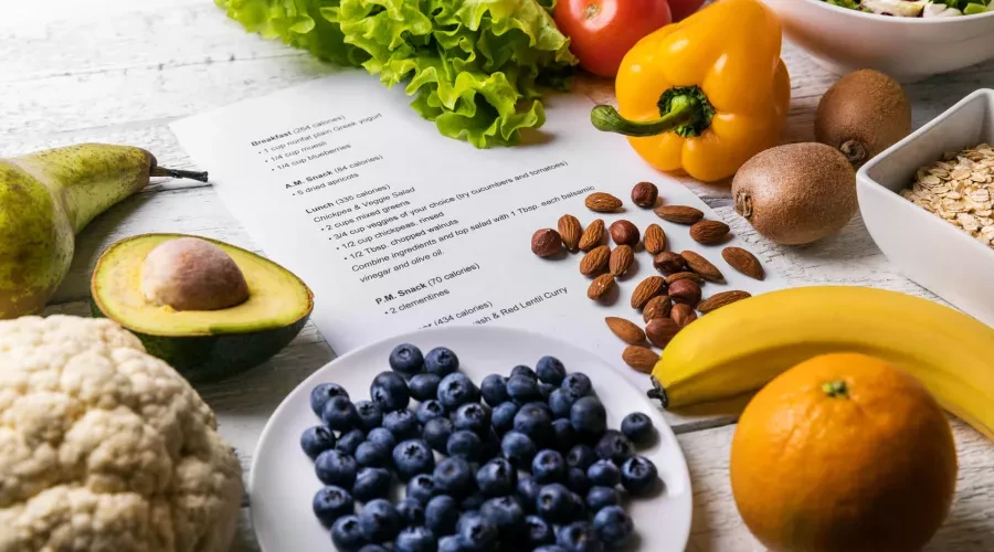 Various healthy foods around meal plan instructions
