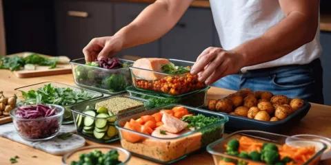 person in kitchen making prepared meals with salmon, vegetables, potatoes, etc.