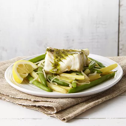 Poached Cod & Green Beans with Pesto
