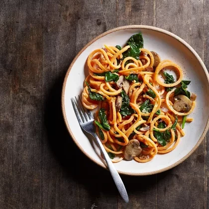 Sweet Potato Carbonara with Spinach & Mushrooms