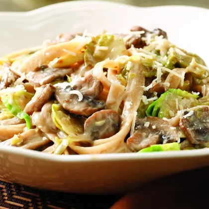 Creamy Fettuccine with Brussels Sprouts & Mushrooms