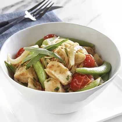 Chicken & Snap Pea Stir-Fry over Angel Hair Pasta