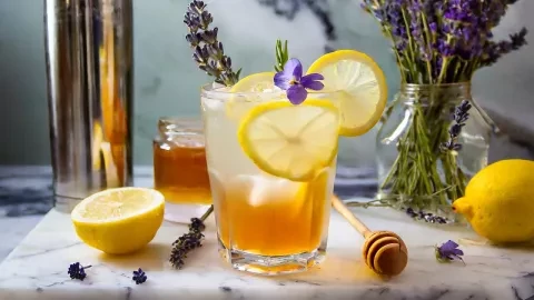 herbal harmony mocktail on table with homey, lemon and lavender herbal harmony mocktail on table with homey, lemon and lavender