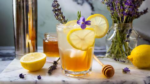 herbal harmony mocktail on table with homey, lemon and lavender 
